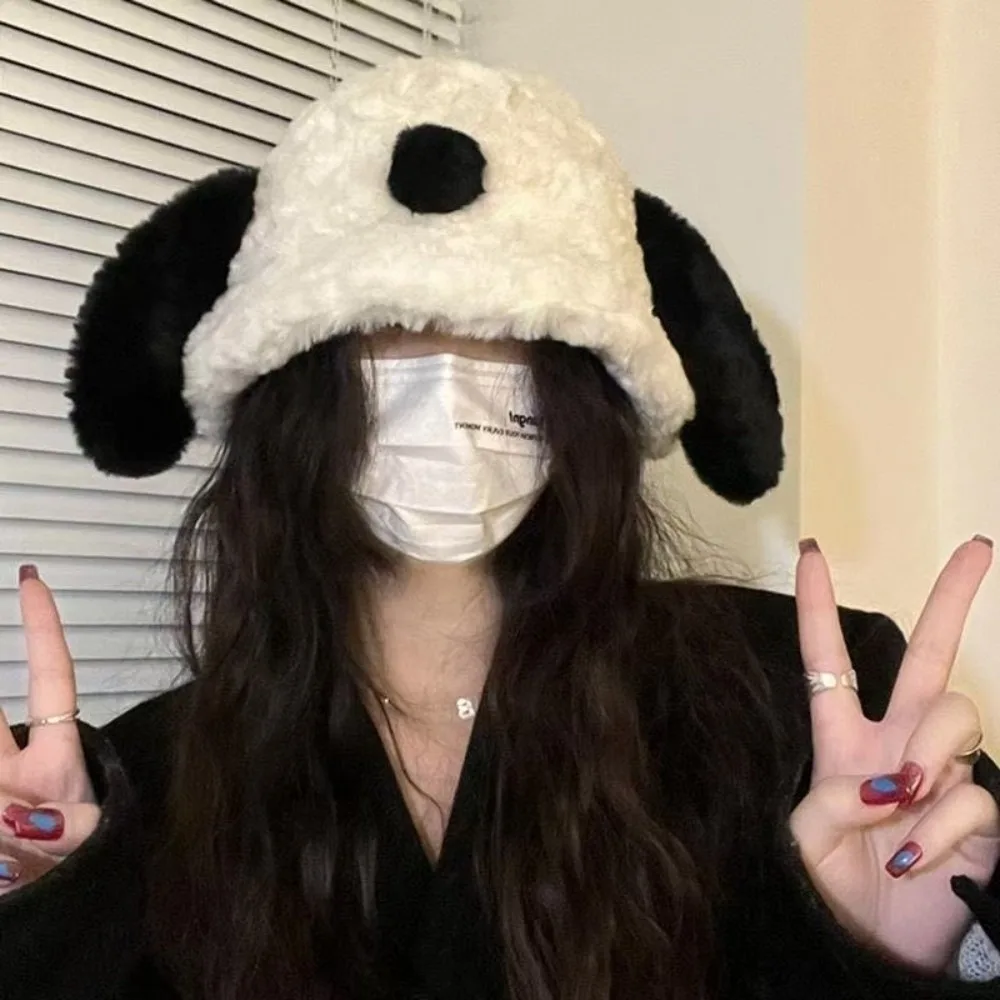 Cute Long Ear Bucket Hat Cold-proof Keep Warm Hat Thickened Fleece Fluffy Fisherman Hat Winter