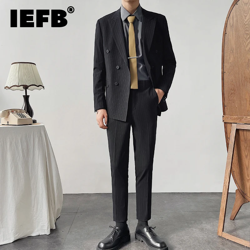 IEFB Business Men\'s Double Breasted Striped Suit Coat Set Male Classic Daily Clothing Trend Slim Vest Sets 2024 Spring 9C1052