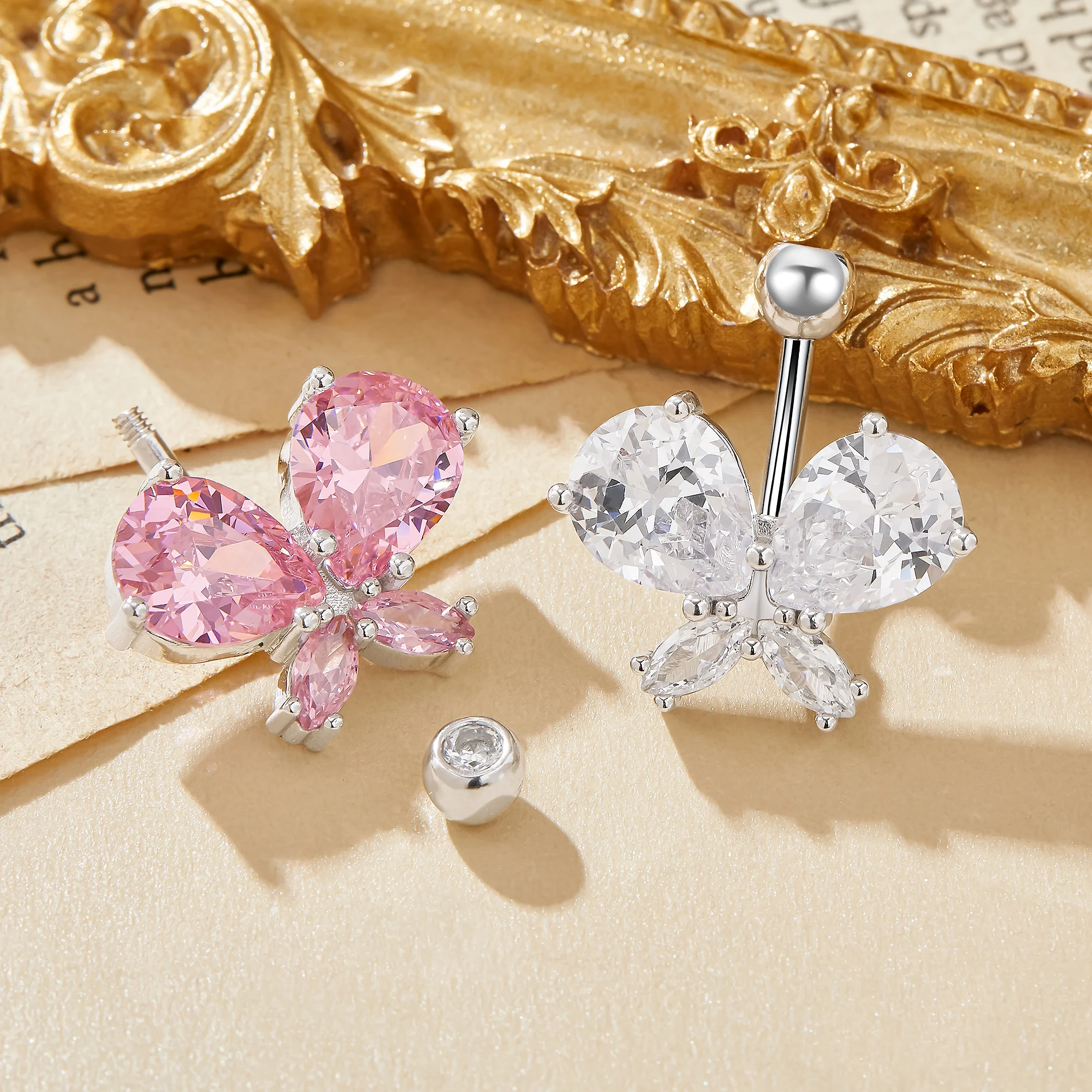 Pink Butterfly CZ Stone Solid 925 Sterling Silver Belly Button Ring Belly Piercing Navel Bar Curved Barbell Navel Ring 6790026