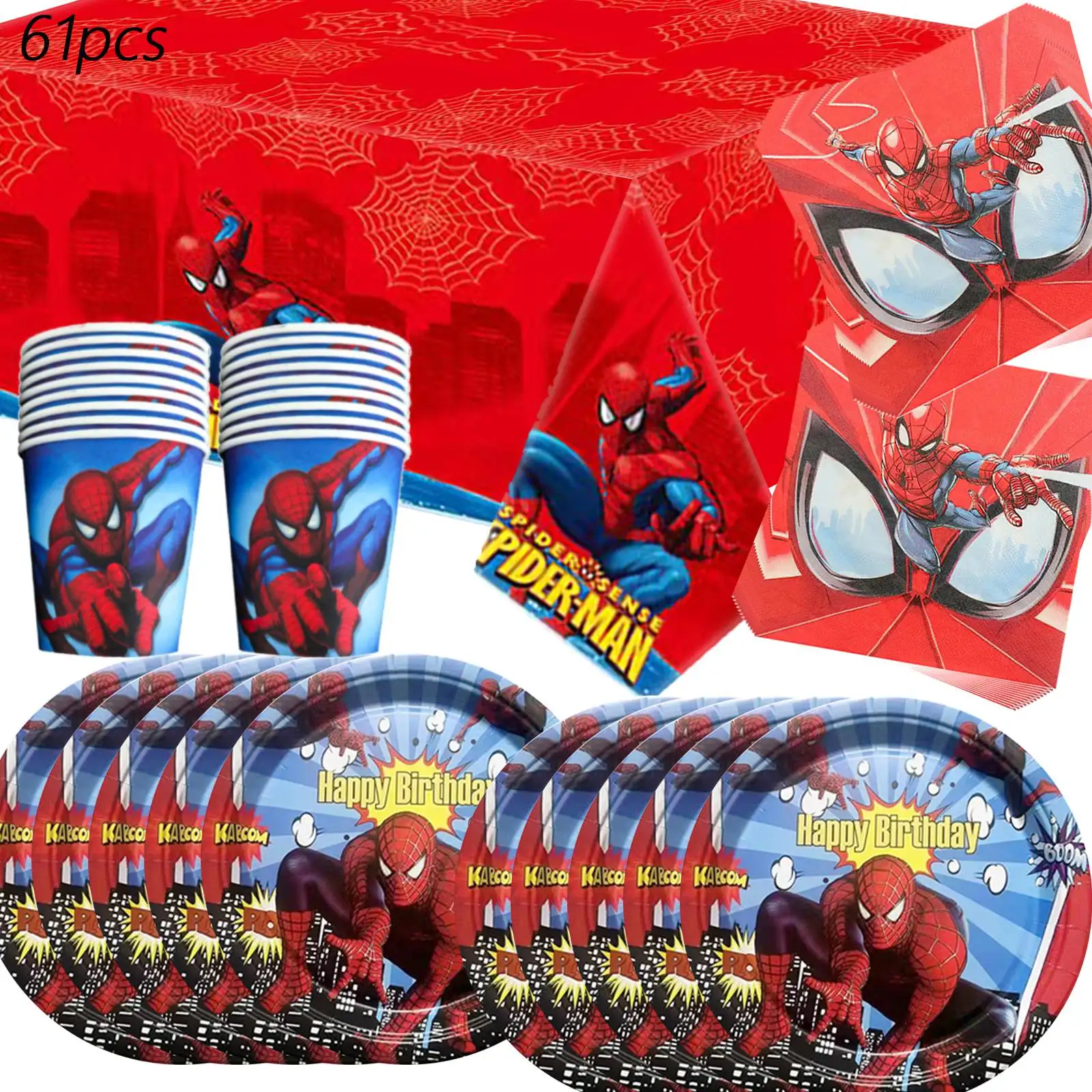 61 pièces d'accessoires de fête Spider-Man, comprenant assiettes, serviettes, gobelets en papier, nappe pour décorations de fête Spider-Man