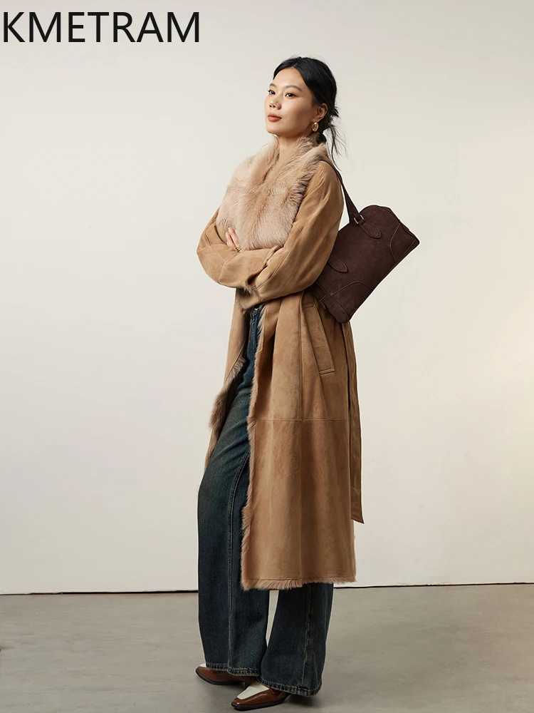 Kurtka damska z naturalnej wełny owczej z Toskanii, dwustronna, futro khaki, długi płaszcz z prawdziwego futra, odzież zimowa damska, fourrure 2025