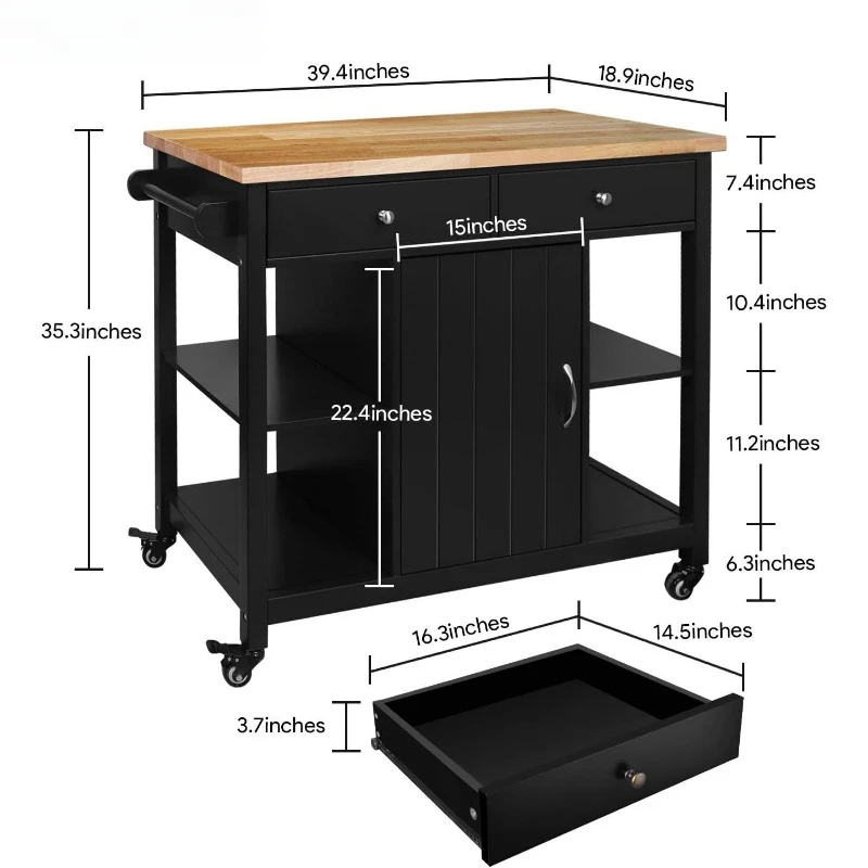 바퀴가 달린 주방 아일랜드, 나무 조리대, 실용적인 나무 모바일 주방 트롤리, 보관 캐비닛 및 서랍, 검정색