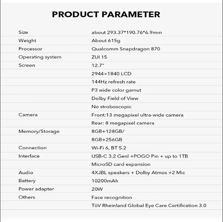 الأصلي لينوفو شياو شين باد برو 12.7 بوصة سنابدراجون 870 2944*1840 شاشة الكمبيوتر اللوحي LCD 144 هرتز أندرويد 13 2023 أقراص 128G 256G #6