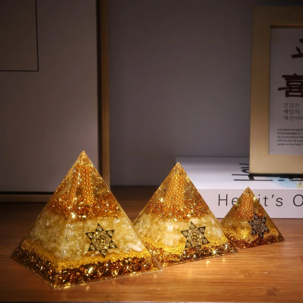 E9 5/6/8CM Crystal Pyramid Resin Handmade Citrine Orgonite Pyramid Cube Design Gifts Prosperity Attraction Crystal Home Decor