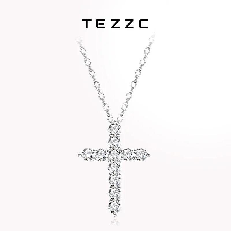 Tezzc Full Moissanite Necklaces Men Women Hip Hop Cross Pendant s925 Silver Necklace Jewelry Pass Diamond Tester Fashion Trendy