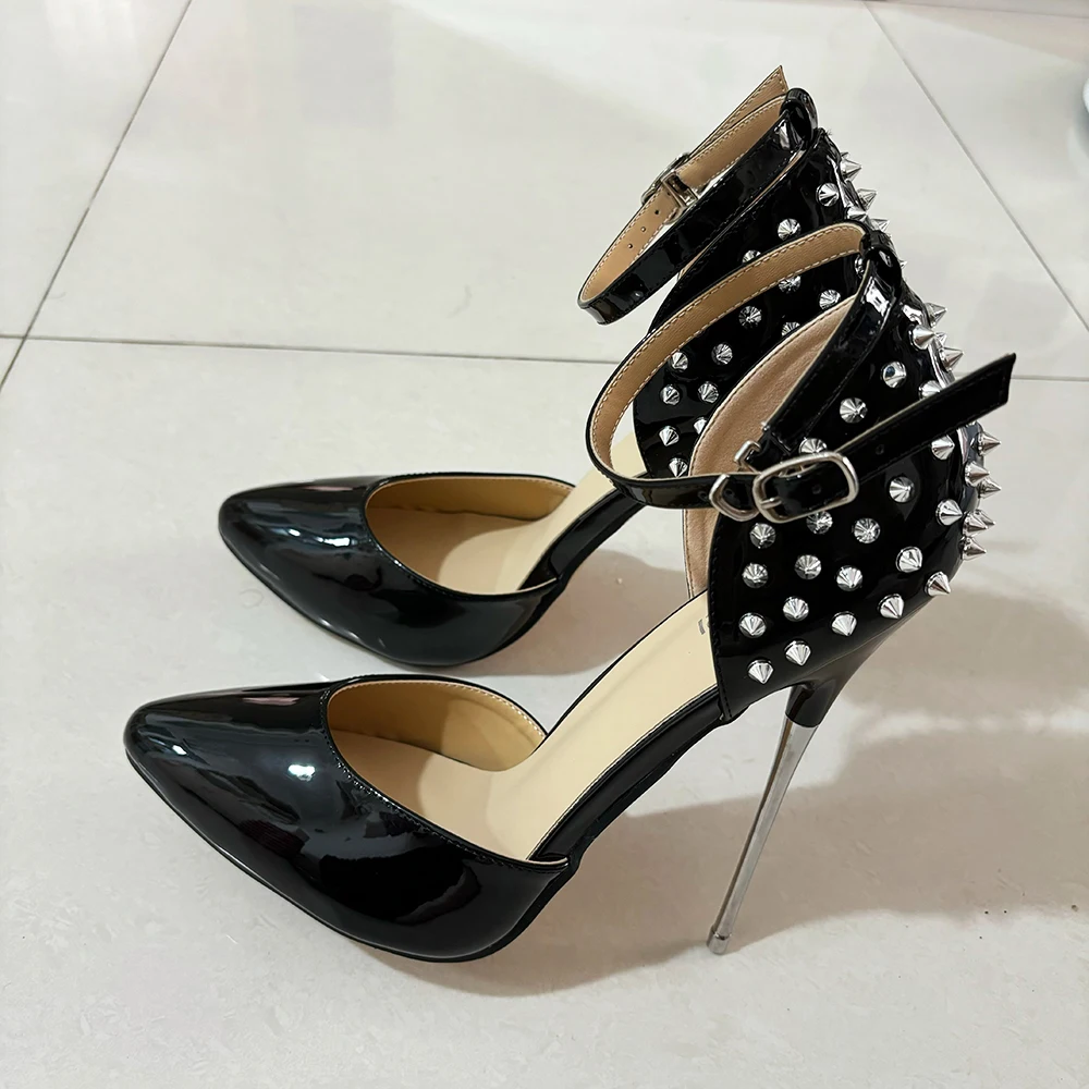 

Туфли-лодочки на высоком каблуке 16 см с острым носком и блестящими заклепками, фетиш, сексуальные черные туфли-лодочки с ремешком на щиколотке, гомосексуальная обувь для подиума, дикая вечеринка, мужская обувь унисекс