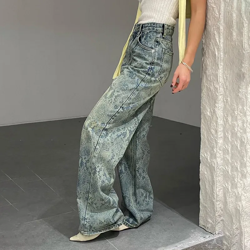 Damskie jeansy Street Sle z wysokim stanem, wzorem, luźne, wyszczuplające, z prostymi nogawkami, bawełniane, elastyczne, dżinsowe, w kolorze niebieskim.