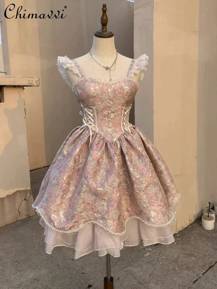 Pink Purple Flying Sleeve High Waist Jacquard Lolita Dress for Women 2023 Summer New Cute Sweet Umbrella Princess Dress Female