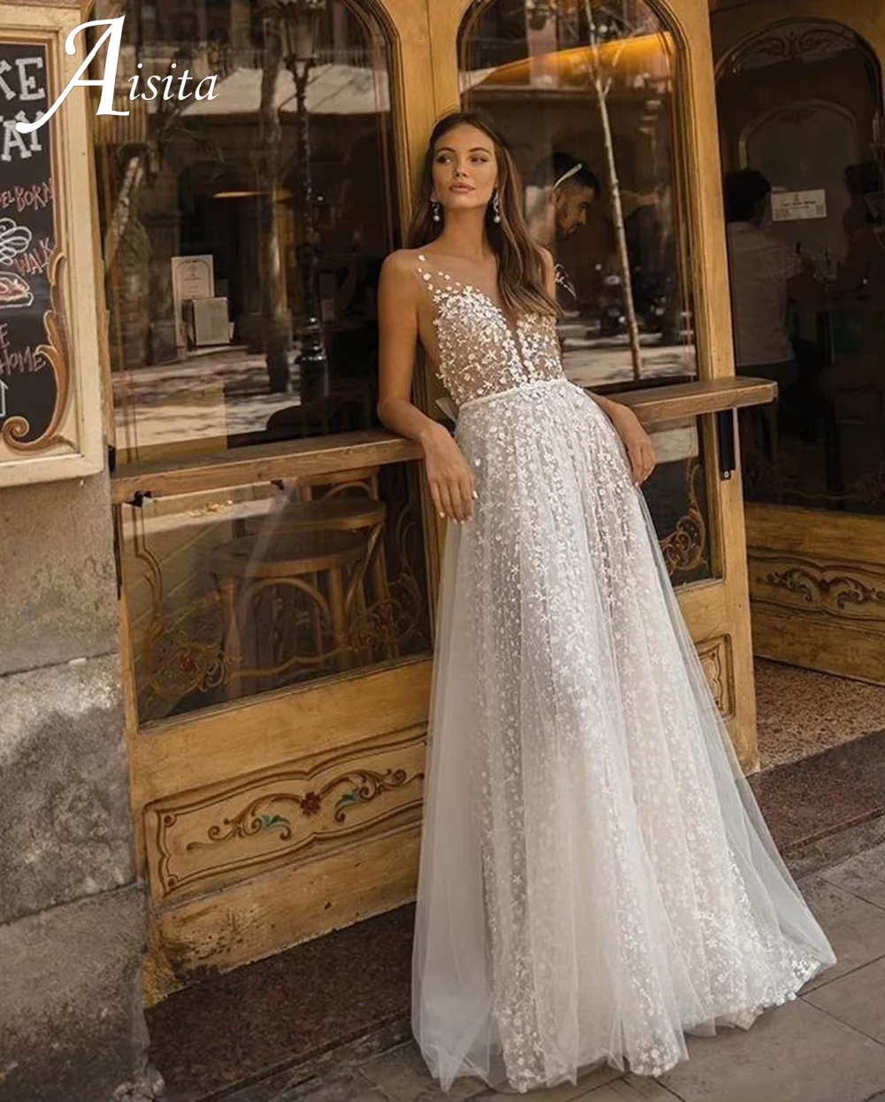 Vestidos de novia blancos con tirantes finos, vestido de novia de ilusión con apliques de encaje y cuello en V, vestido de novia de princesa Vintage personalizado 2023