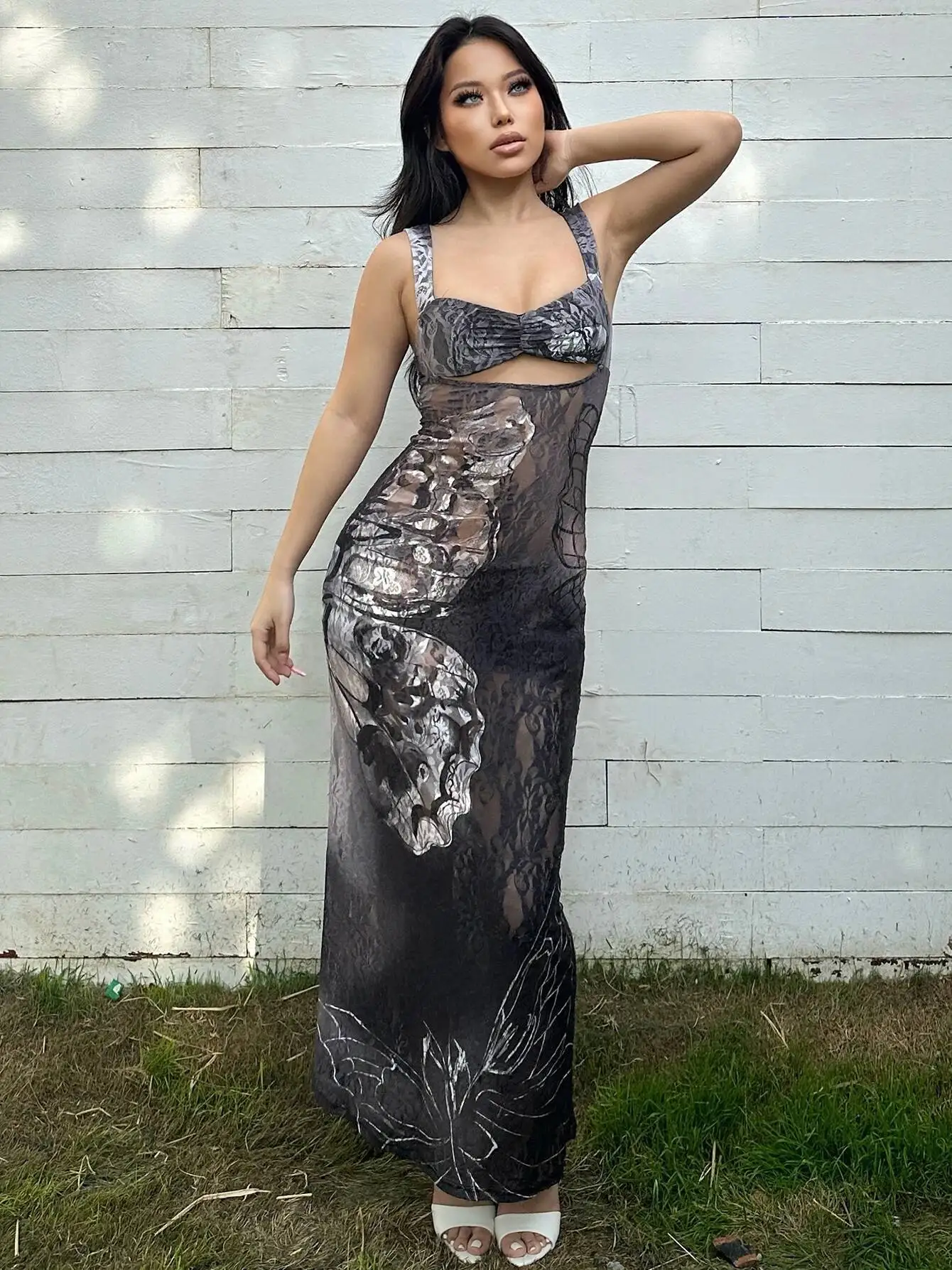 Dulzura Spitze Print Cut Out Maxi Bodycon Sexy Party Club Y2K Outfits Streetwear Verband Kleid Vestido Klassische Prom