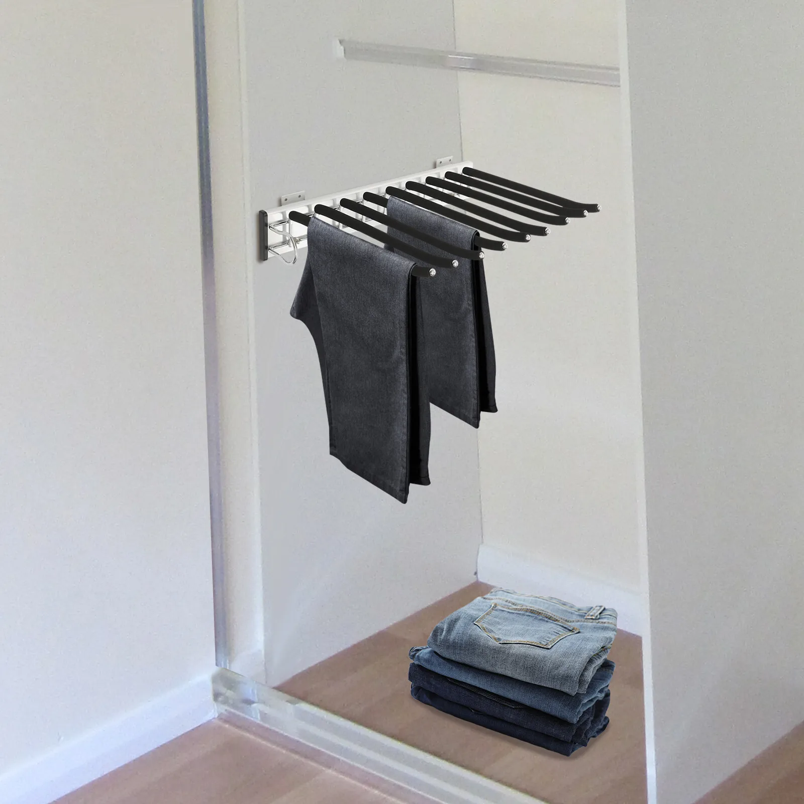 Modern 9-Rod Wall-Mounted Pants Rack with Silent Slide Heavy-Duty Load Capacity Space-Saving Design for Wardrobe Organization