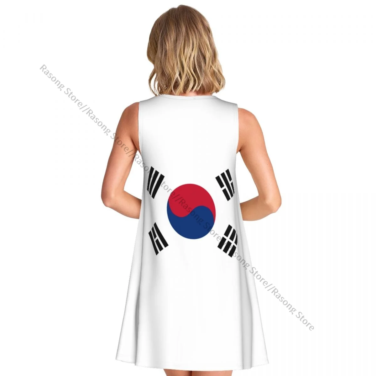 فستان نسائي صيفي كاجوال فساتين تي شيرت لتغطية الشاطئ فستان بدون أكمام بعلم كوري