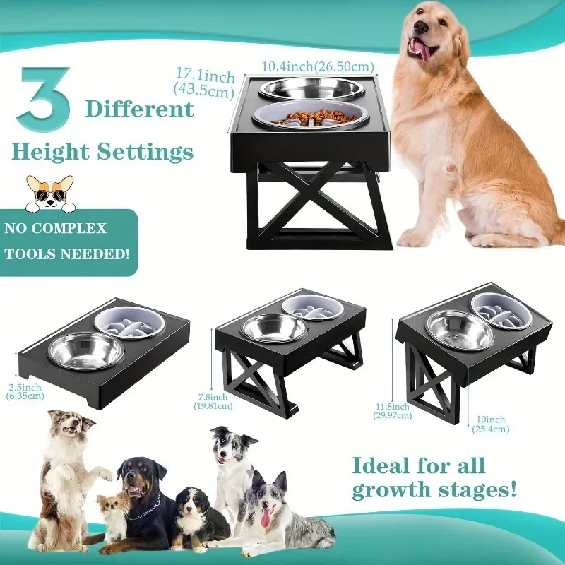 Pet Stainless Steel Feeder Double Bowl, 3-level Adjustable Folding Pet Elevated Bowl Suitable for Small, Medium and Large Pets