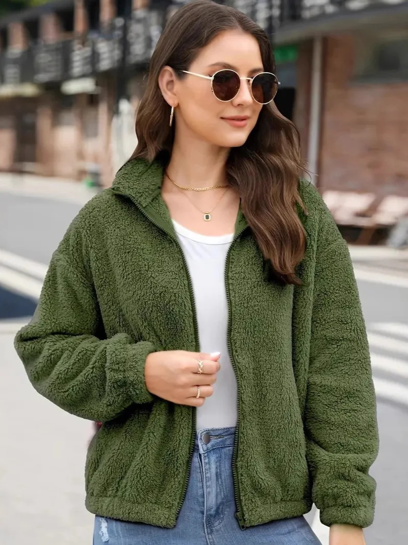 

New in Casual Fleece Jackets Women Autumn Winter Polar Fleece Short Coat Homeclothes Solid Warm Cardigan Jacket Outerwear