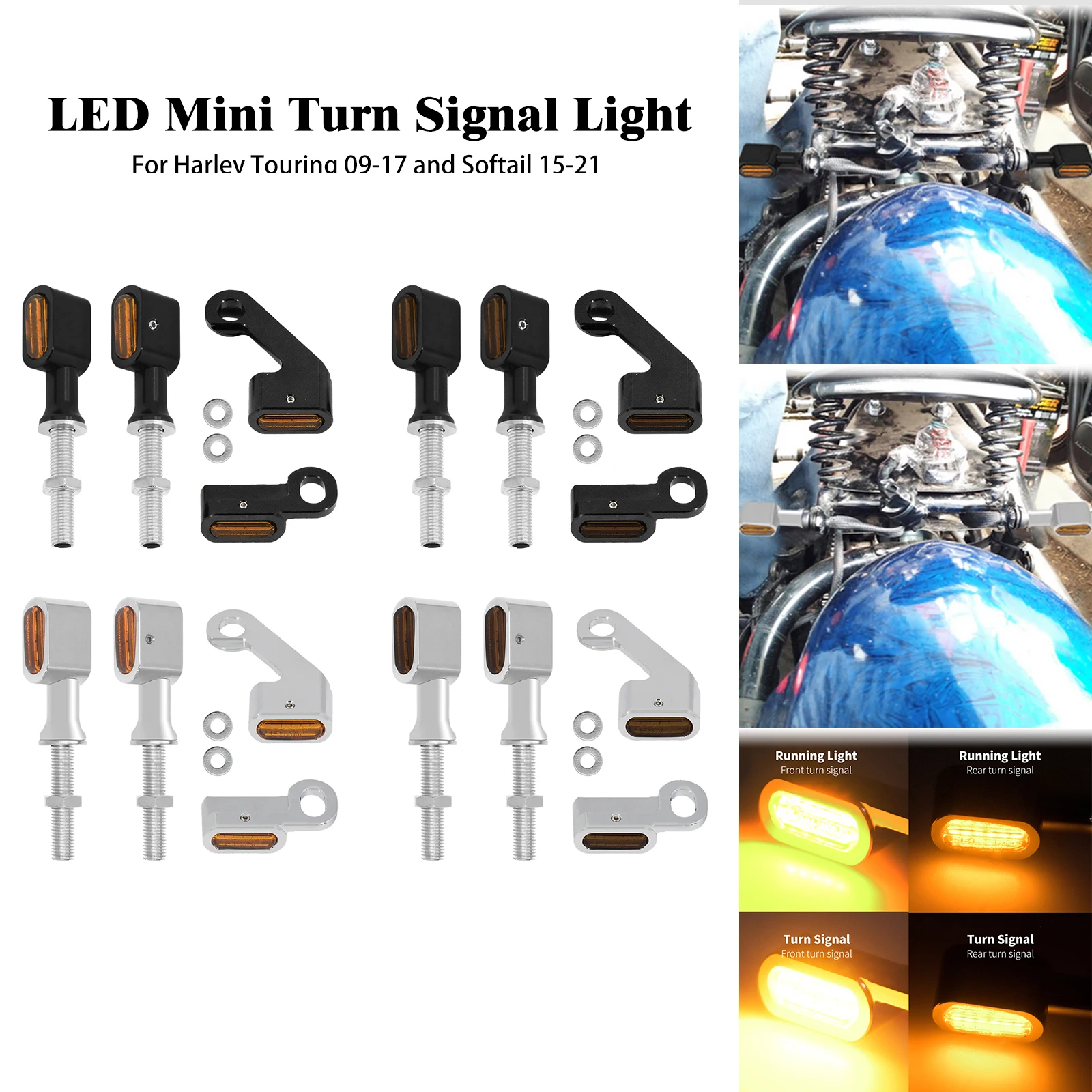 

Motorcycle Front Rear LED Mini Turn Signal Light Indicators Runing Blinker Lamp With E Mark For Harley Touring FLHR Softail FXSB