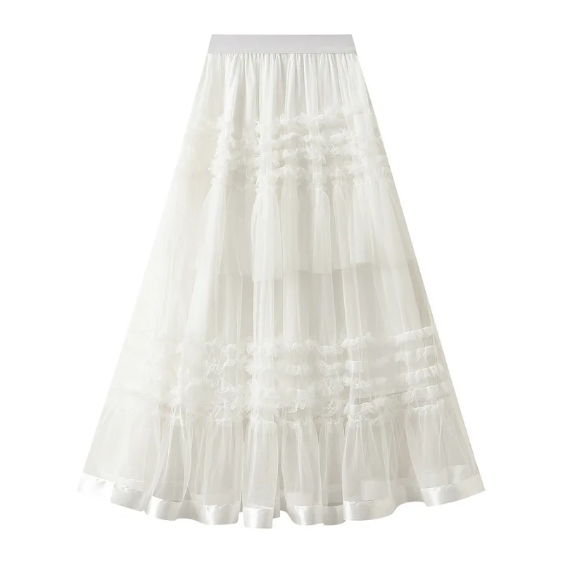 High waisted chiffon skirt, big swing long skirt, sweet retro layered lace cake skirt, mesh skirt, A-line skirt, pleated skirt