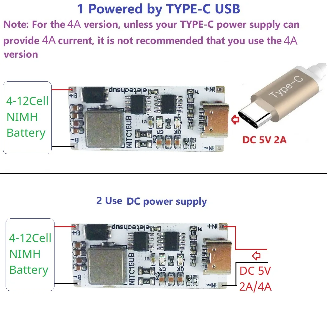 2A/4A 4-12 Cell NIMH Charger Module TYPE-C DC 5V Boost BMS CC/CV NiCd for 4.8V 6V 7.2V 8.4V 9.6V 10.8V 12V 13.2V 14.4V Battery