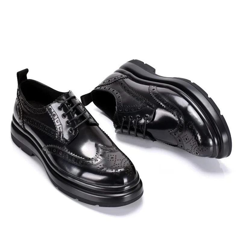 Handmade Brogue Carved Leather Shoes Fashion Thick Heel Mens Derby Shoes Cow Black Shoes Oxfords