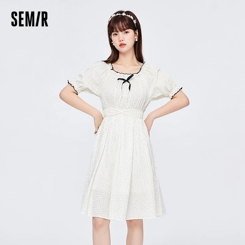 Semir Dress Women Fungus Bow Bow Contrast Color Sweet 2024 Summer New Loose Waist Texture Polka Dot Dress