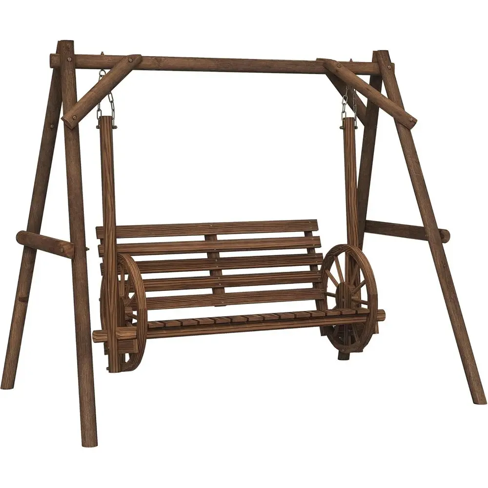 

2-Person Wooden Porch Swing with A-Frame Stand, Wagon-Style Armrests, Ideal for Garden or Poolside, Carbonized Brown