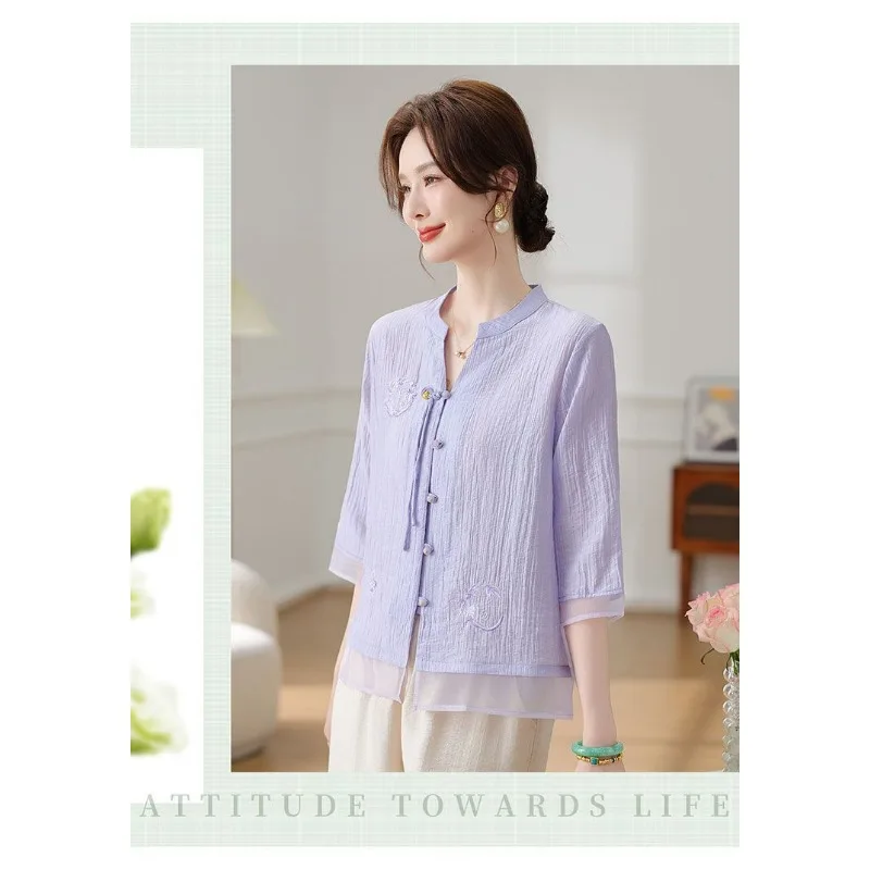 

Женская блузка в китайском стиле с вышивкой, воротник-стойка, пуговицы-лягушки, рукав до локтя, из прозрачного шифона, для повседневной носки