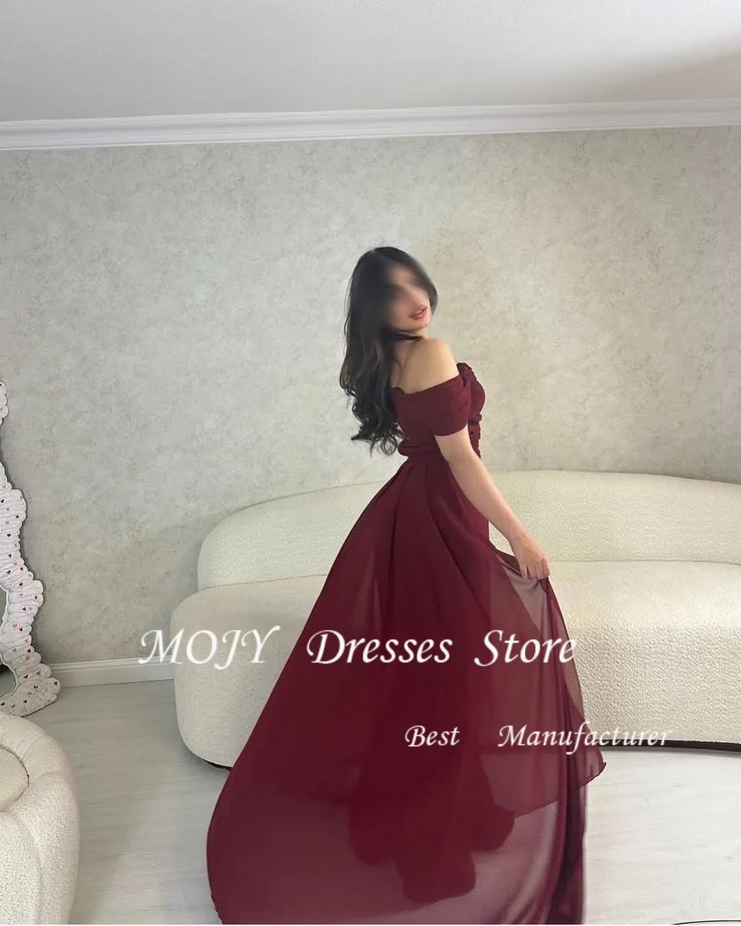 Mojy Arabische Abendkleider für Hochzeit, Party, schulterfrei, maßgeschneidert, Chiffon, Burgunderrot, Meerjungfrau, formelle Promi-Abschlussballkleider