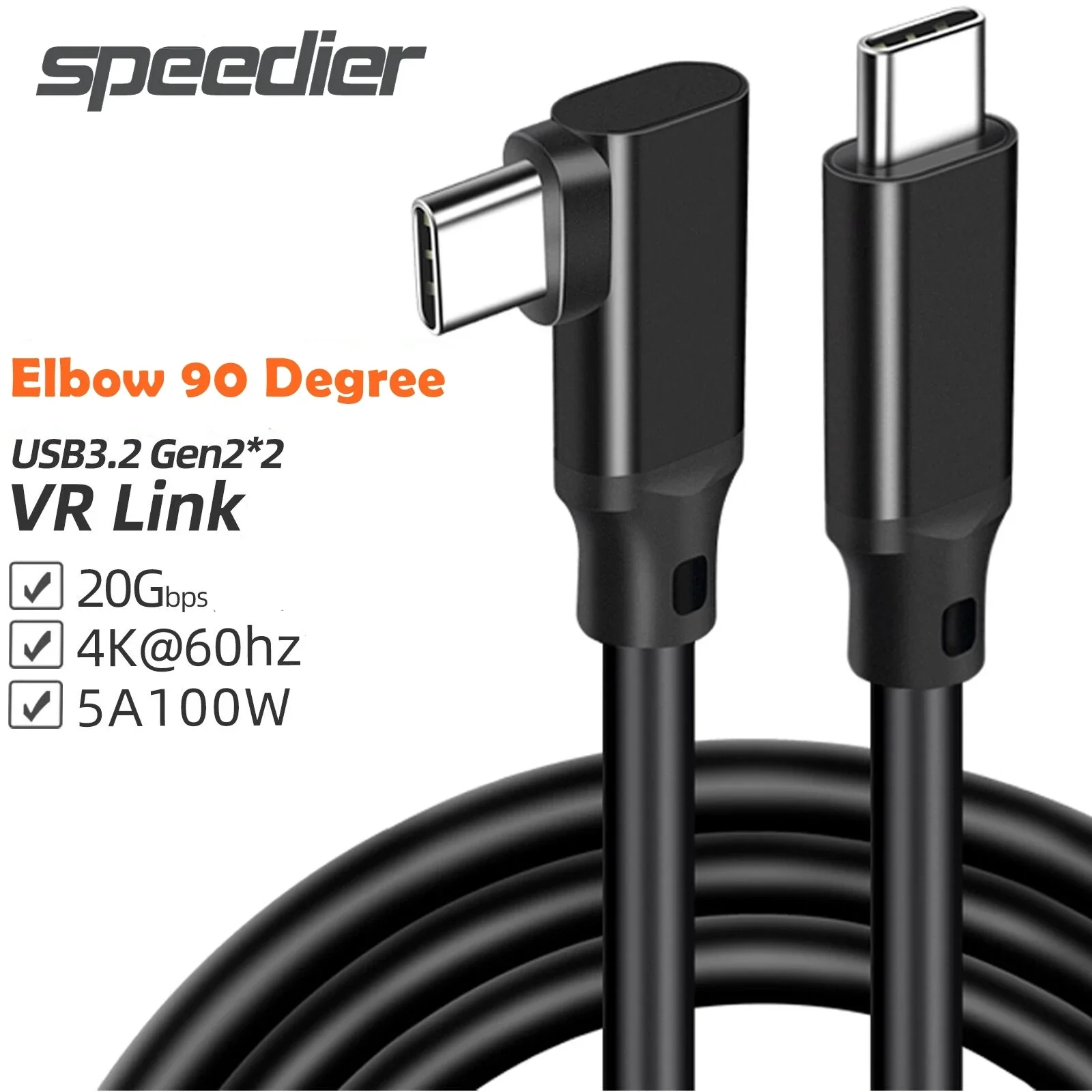 0.2m/0.5m/1m/2m/3m USB C to Type C Data Cable 90 Degree Angle VR Link USB 3.2 3.1 Gen2 20Gbps 4K@60Hz 100W PD Fast Charging Cord