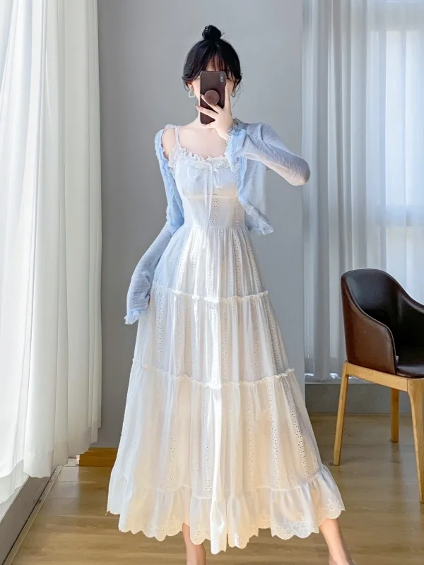 

Summer New Style Women's Two-Piece Set Soft First Love Sunscreen Open Cardigan Strapless Dress Chic Pure Color Adult Fashion