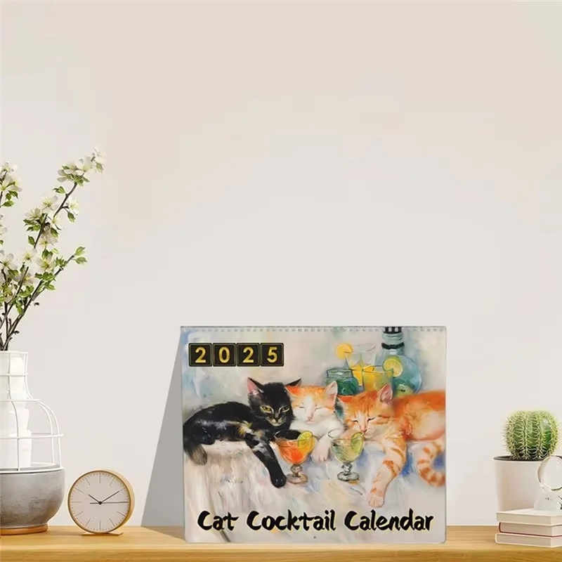 Practical-Decorative Wall Calendar 2025 Cat Cocktails Pattern Desk Calendar Decorative Animal Calendar For Table Ornament