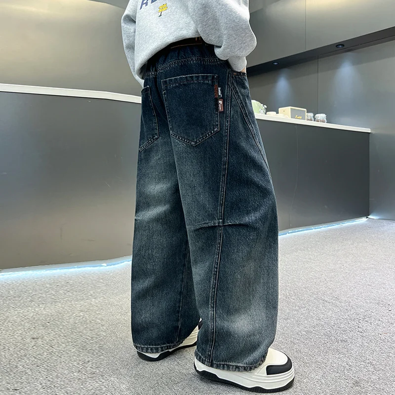 ربيع الخريف الاطفال جديد مصمم فضفاض مستقيم الجينز للمراهقين بنين جودة عالية الأزرق الدنيم السراويل الأطفال جينز غير رسمي بنطلون