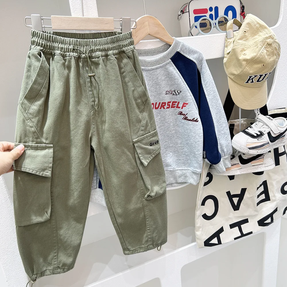 2024 Students Boys Cargo Pants Spring Autumn Drawstring Solid Pockets Kid Boys Trousers Casual Letter Children Boys Jogger Pants