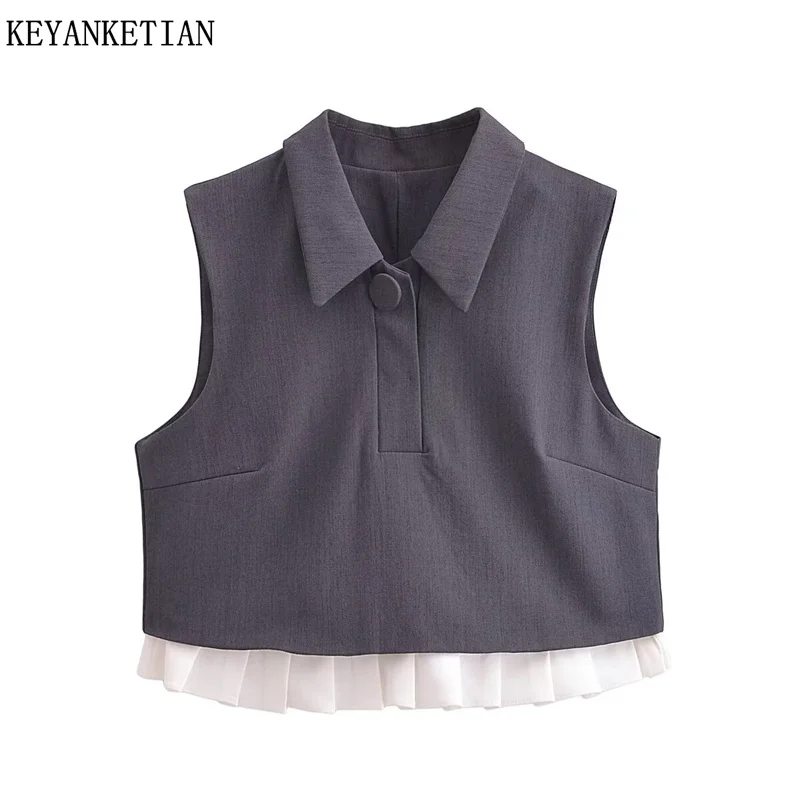 KEYANKETIAN 2024 New Launch Press Pleat Patchwork Decoration Women's Dark Grey Waistcoat Vest Preppy Style Polo collar Crop Top