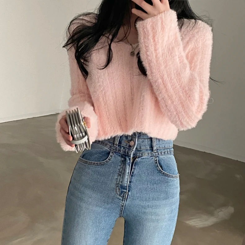 V-neck Short Knit Pullovers Women Fall Winter Korean Casual Loose Long-sleeved Sweater Tops 4 Colors