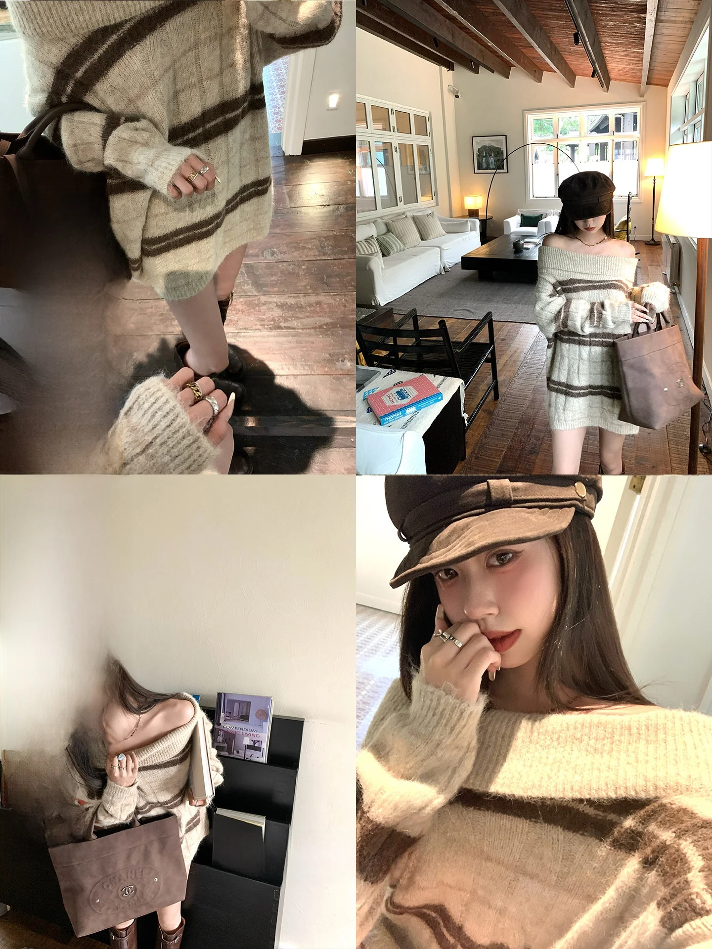 

Женский вязаный свитер с открытыми плечами и длинными рукавами, осенне-зимний, в полоску, повседневный, удобный, теплый, модный