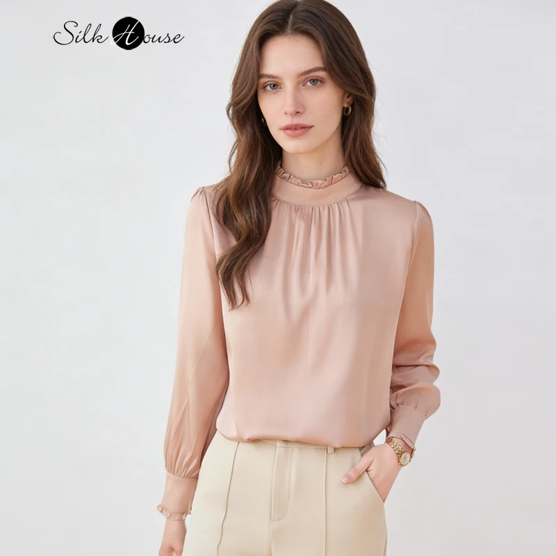 Women's Clothing Heavy 90% Natural Mulberry Silk Elastic Satin Stand Collar Fungus Edge Long Sleeved Temperament Solid T-shirt