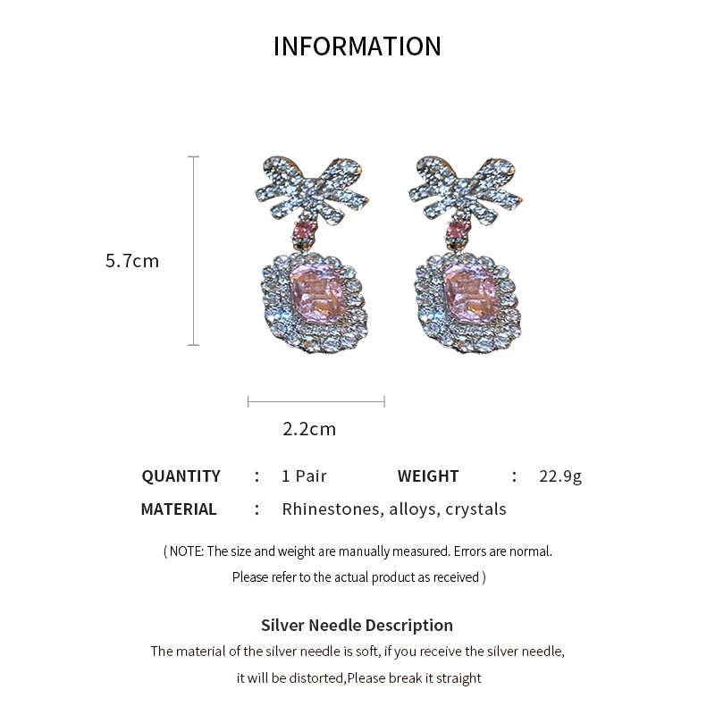 Pink Crystal Zircon Jewelry Set Women Fashion Square Bow Pendant Necklace Drop Earrings Light Luxury Party Wedding Jewelry