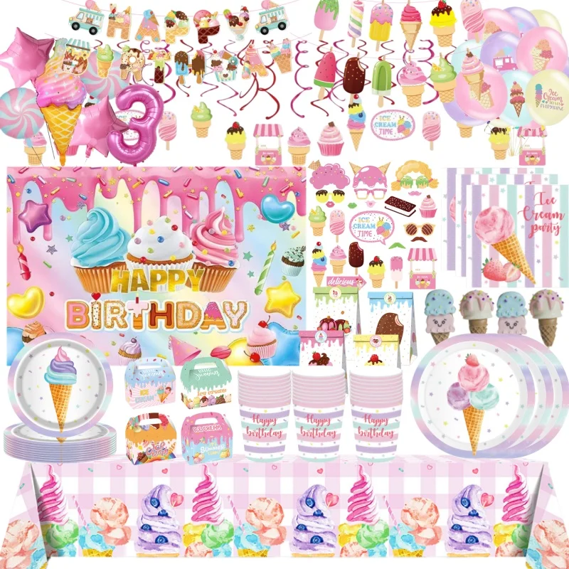Ice Cream Theme Birthday Balloon Party Decoration Ice Cream Tableware Set Banner Tablecloth Cups Plates For Baby Shower Gifts