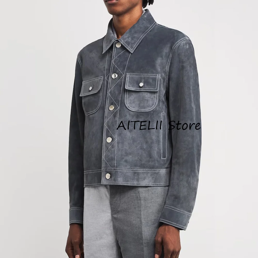 

Men's Jackets Suede Fabric Classic Men's Suit Single-breasted Straight Pockets White Stitching Lapel Casual Suits Fashion Blaz