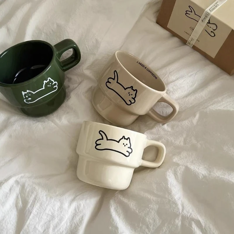 

Милые кошачьи чашки, подарок на руку, термостойкие керамические кофейные чашки, чашки для воды, сплошной цвет, минималистичный дизайн, практичная чашка для воды с котенком