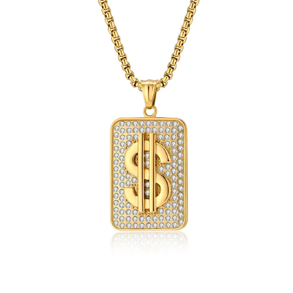 

European and American Hip-Hop Stylish Dollar Titanium Steel Plated 18K Gold Pendant Necklace with Diamonds Hiphop Niche Jewelry