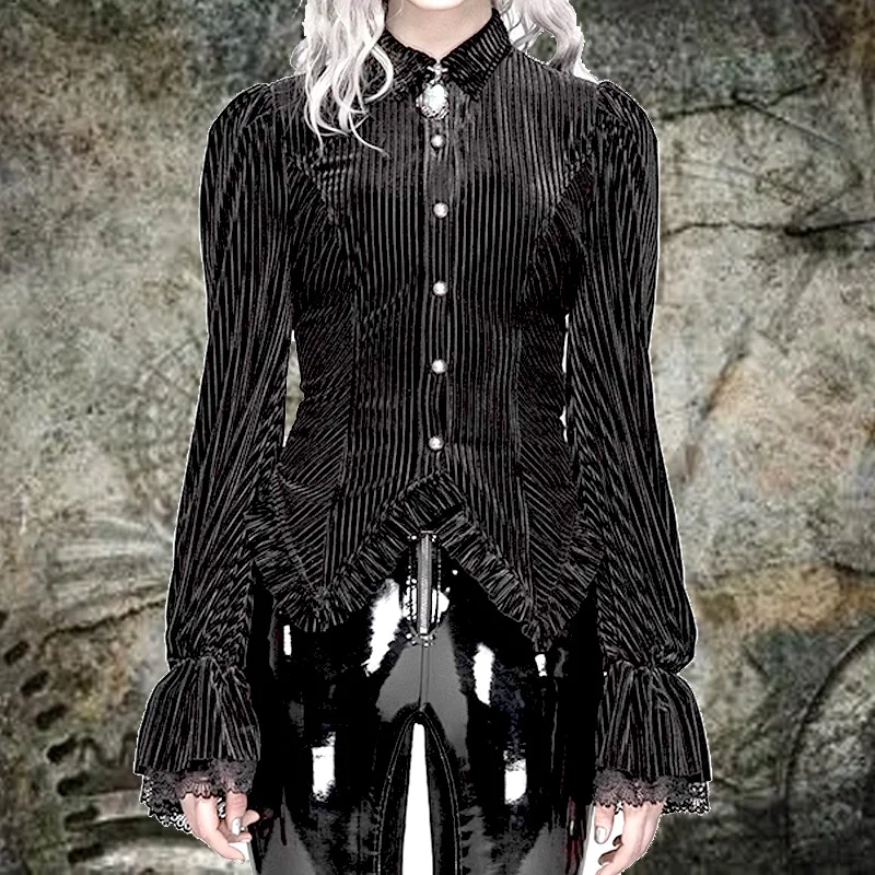 

PUNK Gothic Style Green Black Red GOTHIC Lace Flared Slim Fit Long sleeves Dark Vein Striped velvet shirt for Womens