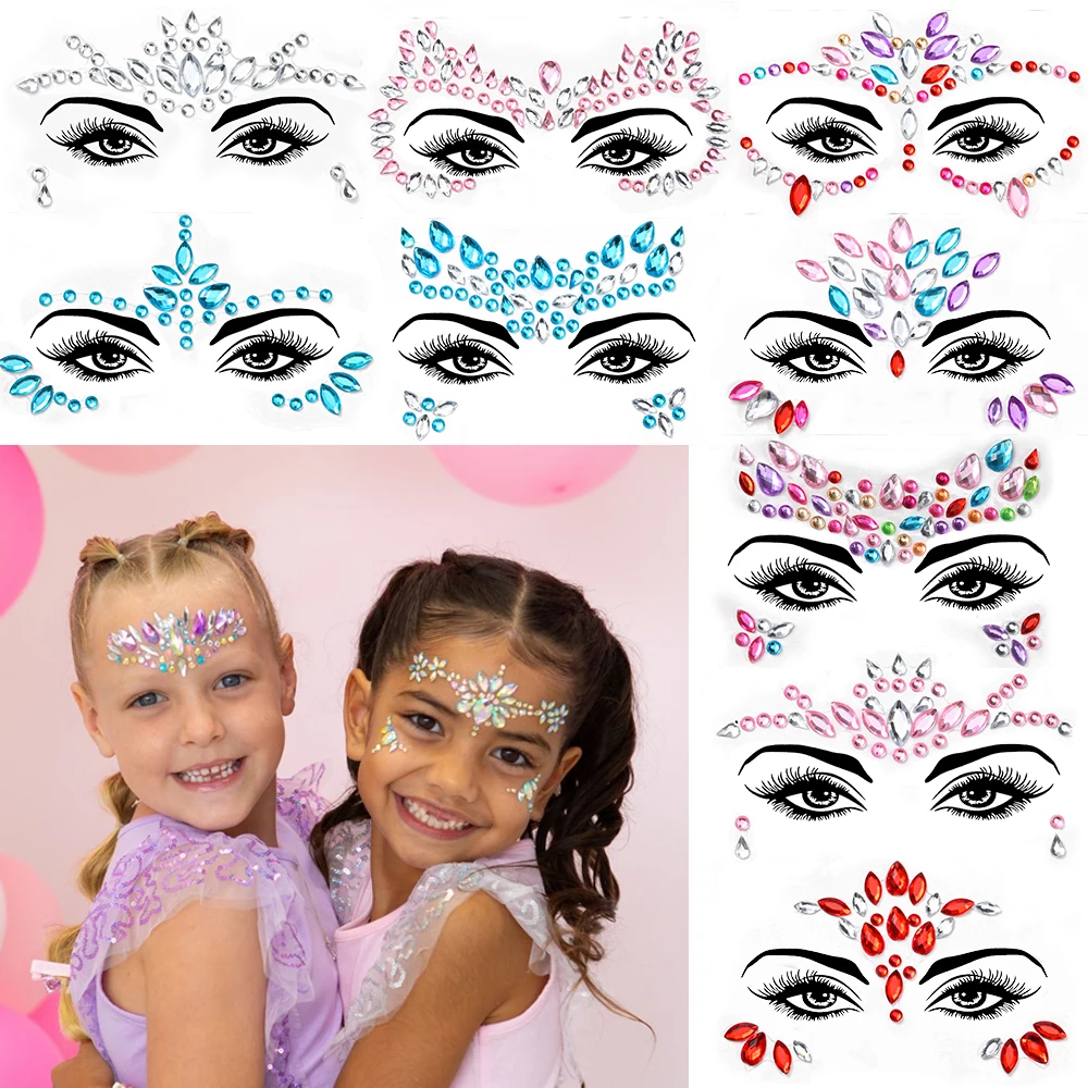 5pcs Face Temporary Tattoo Sticker Festival Halloween Party Makeup Face Jewelry Tattoo Decoration Glitter Rhinestone Face Tattoo