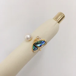 ZHBORUINI High Brightness Natural Freshwater Pearl Ring 14K Gold-Plated Natural Abalone Shell Butterfly Pearl Jewelry Gift