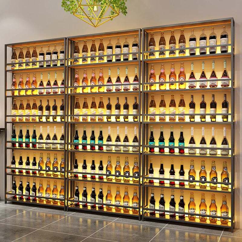 

Bar pillar decoration wine rack wall hanging winery against the wall, shelf display rack wrought iron solid wood lighting wine