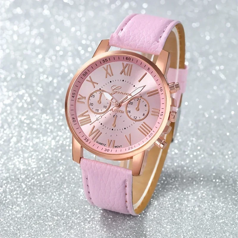 fashionable watch set, unisex quartz movement, round zinc alloy case, faux leather strap, none, mixed colors, - view 2