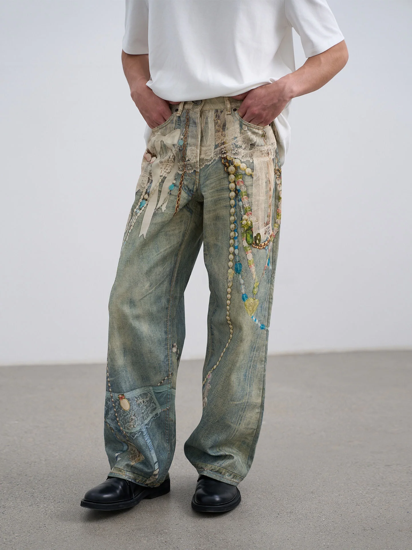

Retro Lace Pearl Chain Loose Straight Leg Jeans Faionable Casual Trousers for Men And Women Medium Hardn Denim Pants