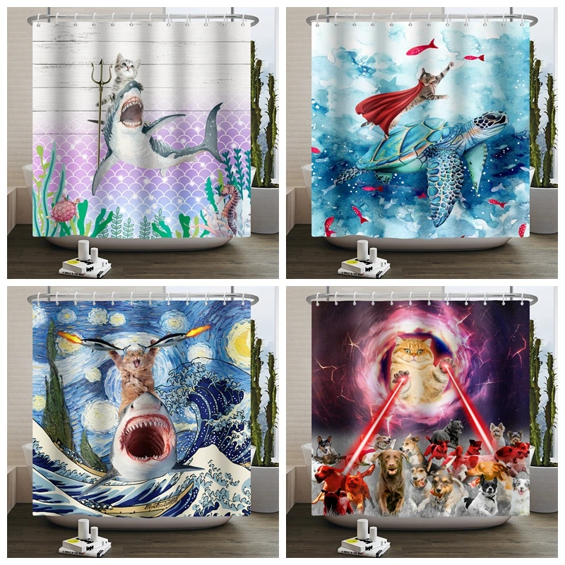 

Funny Cat Shower Curtain Cute Animal Riding Whale Turtle Ocean Wave Fish Hilarious Bathroom Curtain Polyester Fabric Waterproof