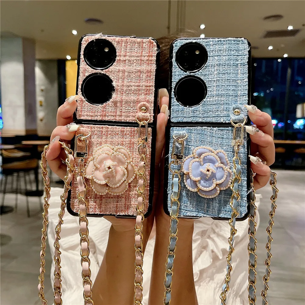 Diy Korean Fashion Cute Woven Fabric Flower Crossbody Chain Handbag Phone Case For Huawei P50 Pocket S Case P50Pocket Cover