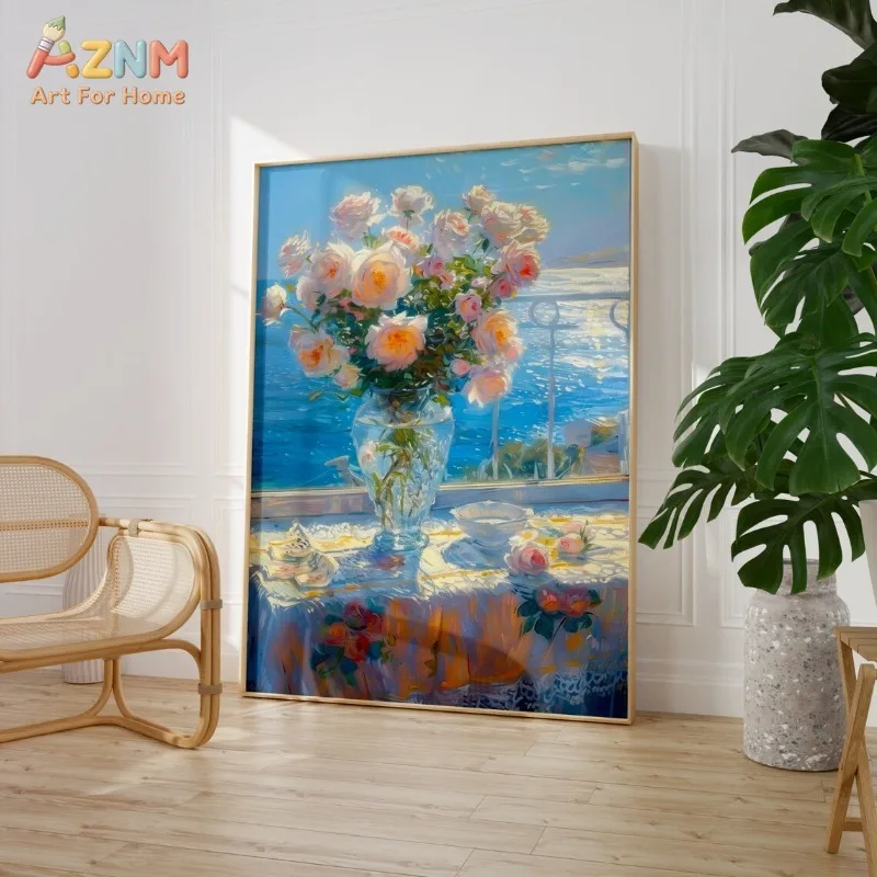 AZNM Unframed Canvas Print Coastal Window Flower Vase Wall Art Seaside Floral Oil Painting Home Decor Poster