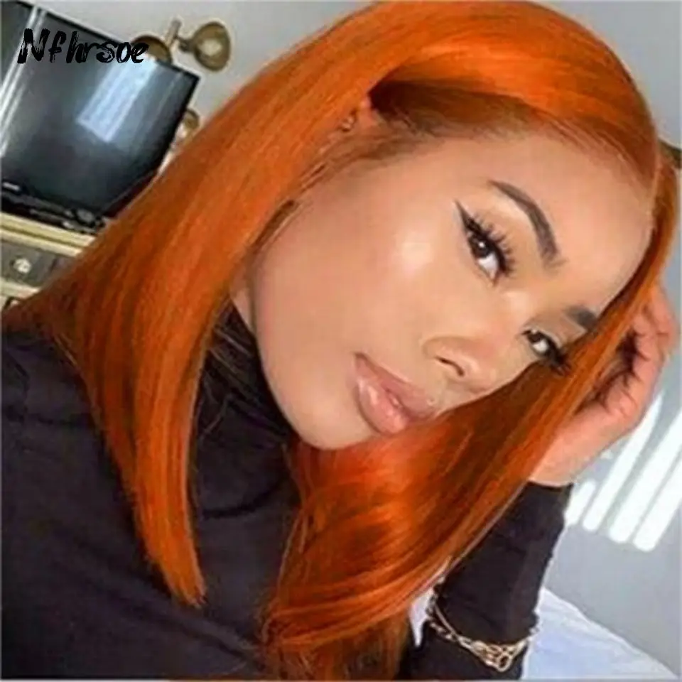 

Прозрачные парики с фронтальной шнуровкой 13x4, высококачественные, имбирно-оранжевые, прямые, короткие, боб-каре, бразильские, окрашенные, из натуральных человеческих волос, с предварительно выщипанной линией роста волос